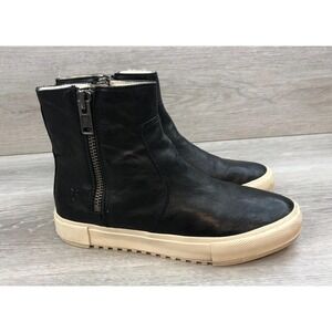 Frye Gia Lug Women's Sneaker Booties Black Leather Shearling Double Zip Shoes